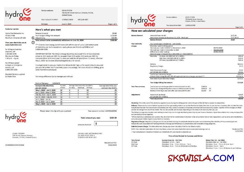 Szablon rachunku za energię elektryczną Hydro One w USA Ontario w formacie Word i PDF (2 strony)